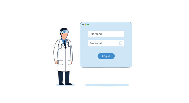 A doctor in a white lab coat stands next to a blue login window on a plain white background.