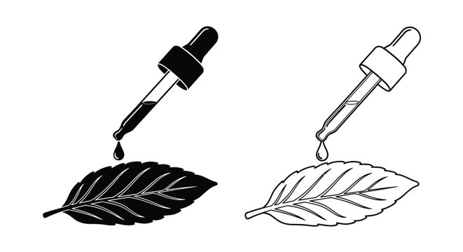 Dropper bottles dispensing liquid onto leaves a graphic silhouette