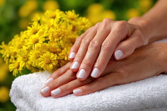 Close-up shot of a woman's hands with white nail polish resting on a soft white towel, vibrant yellow flowers behind, showcasing beauty and relaxation.