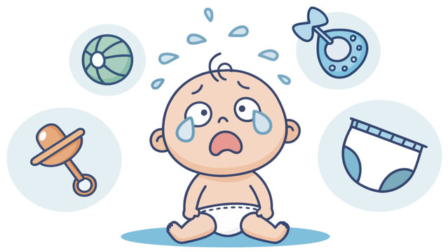 A crying baby surrounded by baby items, illustrating a state of distress and frustration.