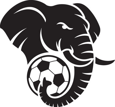 Black elephant head holding soccer ball in trunk vector graphic illustration