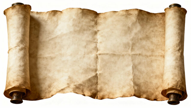 Highly aged parchment scroll with dark stains and worn texture, antique paper background, horizontal composition, vintage medieval style with dramatic detail