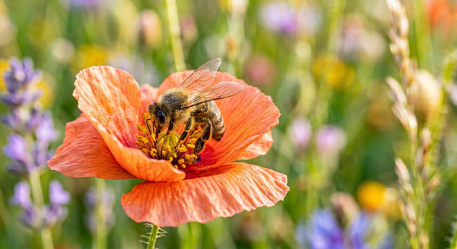 uma abelha polenizando em uma flor 