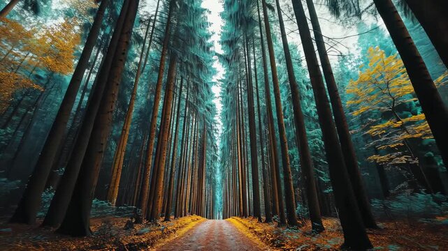 Majestic autumn forest pathway captured through tall vibrant trees in changing colors