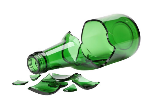 A broken green glass bottle on the ground isolated on transparent background