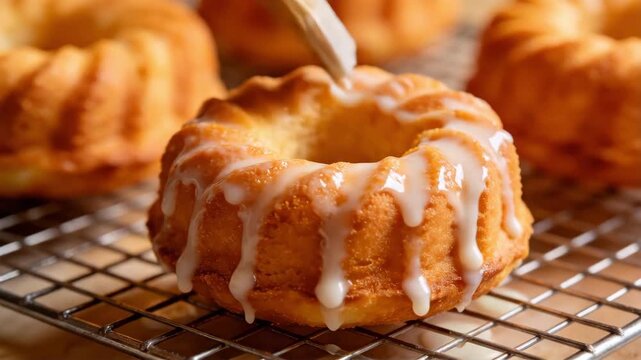 Glazed mini bundt cake on a cooling rack, suitable for bakery promotion, recipe blogs, dessert menus, and culinary content.