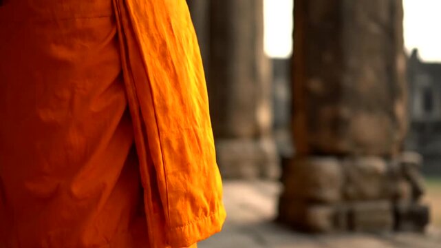 Monk in orange robes walking near ancient temple pillars.