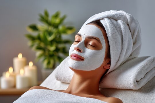 A serene young woman receiving a facial mask treatment at a spa, wrapped in a white towel, eyes closed, enjoying peaceful relaxation and beauty care in a calming ambiance.