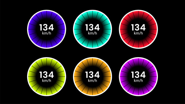 Colorful circular speedometer dashboard gauges set with neon gradient modern UI design