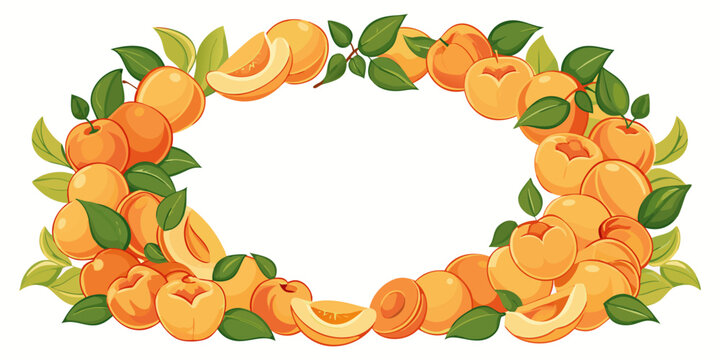 Oval frame made of ripe apricots and green leaves, vector