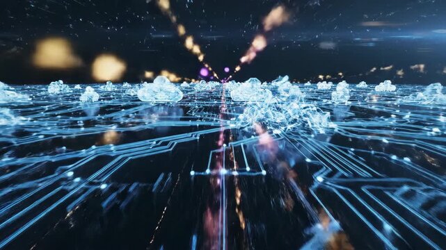 A futuristic big data concept unfolds in a sweeping digital landscape of glowing blue networks and cascading binary code streams.