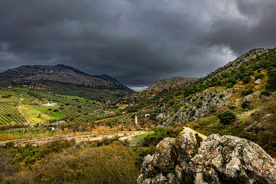 Valle rural de olivares bajo un cielo de tormenta dram&aacute;tico paisaje de resiliencia y calma antes de la lluvia en las monta&ntilde;as con atm&oacute;sfera de soledad m&iacute;stica y belleza natural salvaje