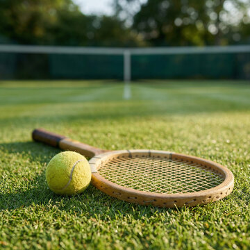 uma bola de tenis e uma raquete em uma quadra de grama