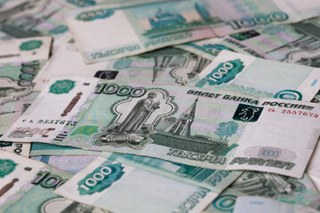 Obraz premium Pile of Russian 1000 ruble banknotes close up
