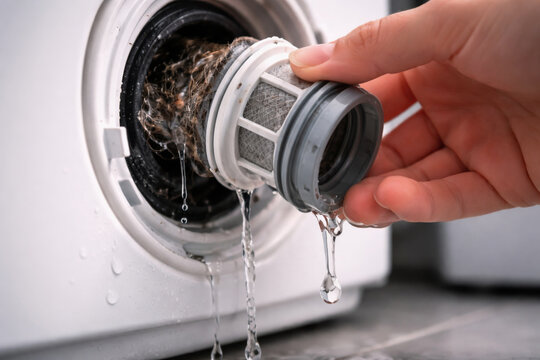 Hand pulling out a dirty washing machine filter clogged with lint and debris, emphasizing maintenance, repair, and appliance care.