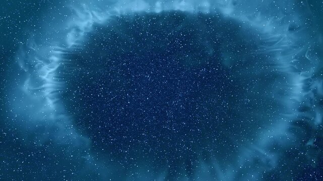 A stream of air blows onto a surface covered with a layer of smoke, forming a funnel with circular waves. View through sparkling particles. Closeup. Macro. Slow mo, slow motion, high speed camera, 200