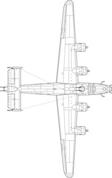 Consolidated B24 Liberator WWII Heavy Bomber Vector Illustration Outline Wingspan Side View
