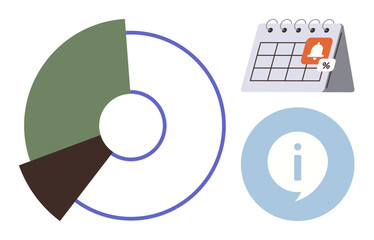 Data analysis, time management, information sharing, scheduling tasks, financial planning, organization. Includes a pie chart, calendar with reminder and an info bubble icon. Data analysis and time © robu_s