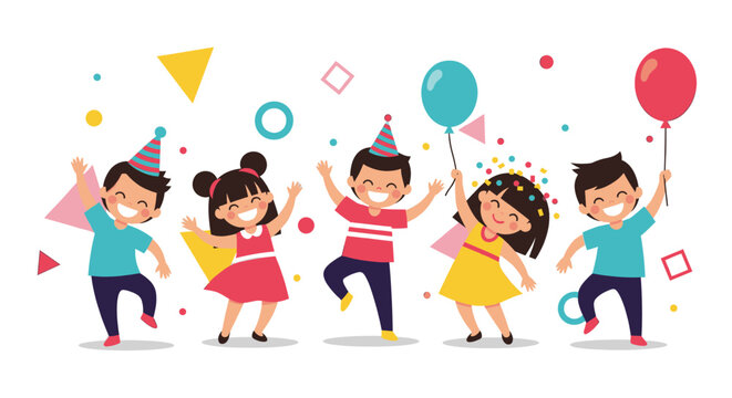 Cartoon happy kids in party hats dancing and celebrating with confetti and balloons. Party concept. Vector illustration for birthday greeting card, banner