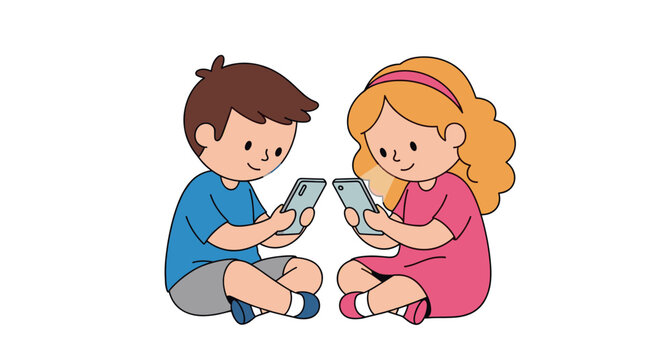 Two kids, a boy and a girl, sitting playfully and using a smartphone, depicting child technology and digital learning. Vector illustration