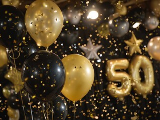 Fototapeta premium Celebration of a Milestone Birthday With Balloons and Decorations in Black and Gold at a Party Venue