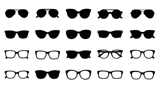 Collection various silhouette glasses shapes. Fashion accessory different style black sunglasses and spectacle frame icon set. Vector illustration