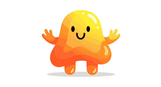 Cute yellow orange blob monster waving with smile. Sweet jelly character for kids education, game UI. Happy cartoon vector illustration. Isolated on white