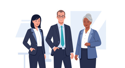 Fototapeta premium Three business people in suits, two women and one man, standing together. Corporate team vector illustration for teamwork concept