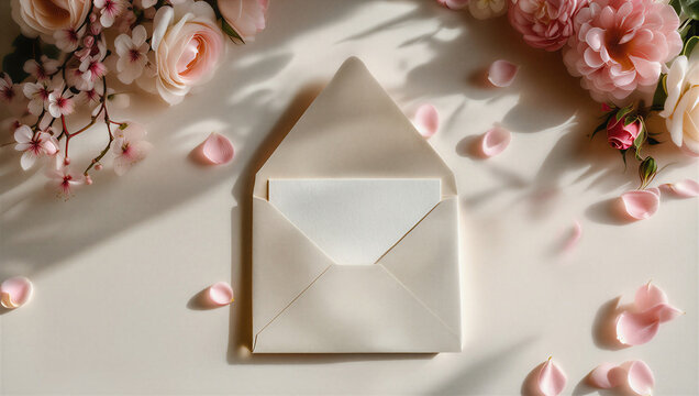 Elegante sobre crema abierto con tarjeta blanca, rodeado de dalias rosas, cerezos en flor y p&eacute;talos bajo sombras suaves y luz c&aacute;lida.