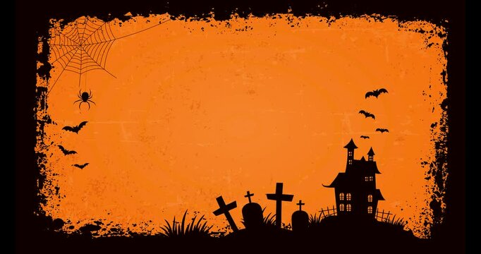 Halloween Background Animation With Haunted House, Pumpkins, Spider, Cobwebs, Cemetery & Bats Flying &ndash; Spooky Scary Vintage Night Scene Landscape