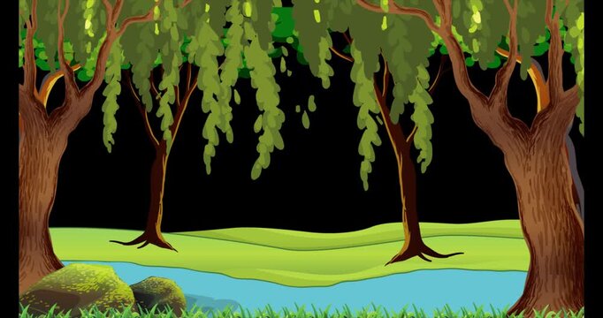 Forest Jungle Cartoon Environment Landscape. Lake in the Forest on Alpha Channel Animation. Beautiful & Colorful Forest Nature Art Design Video 4K.
