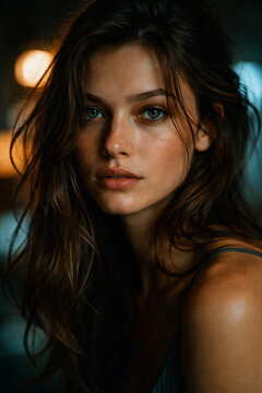 Cinematic portrait of a beautiful young woman with natural look and wavy brunette hair