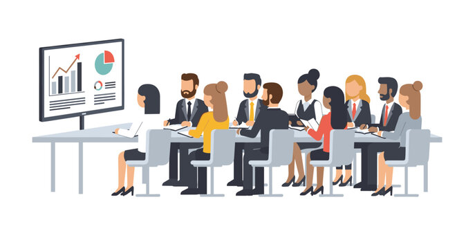 Ten diverse business professionals are seated at a rectangular table, attentively viewing a screen displaying charts on a white background.