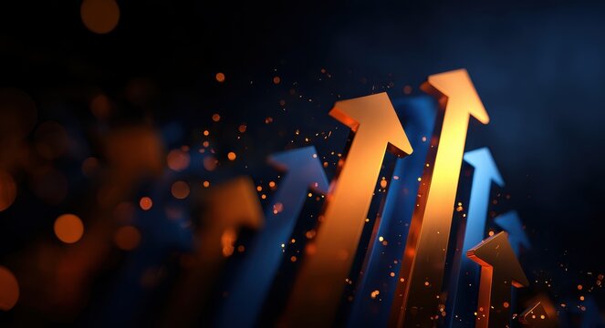 blue and orange arrows growing upwards, with a dark black gradient background
