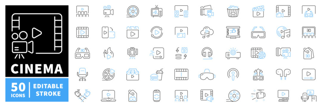 Cinema icons set . editable line icons, outline, film and entertainment symbols