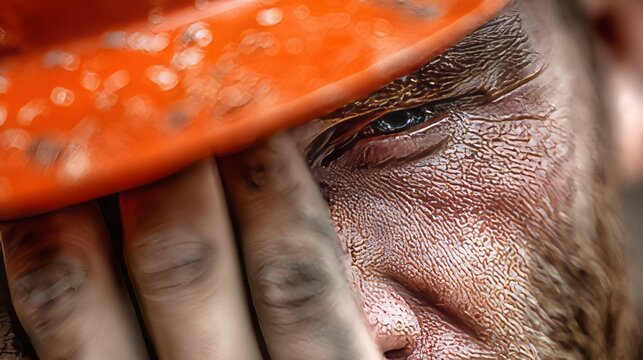Weary industrial worker in the construction or petroleum sector, taking a moment of rest. Tired, stressed construction work, miner face hard labor perseverance.&nbsp;Sweaty worker, dirty, exhausted miner. 