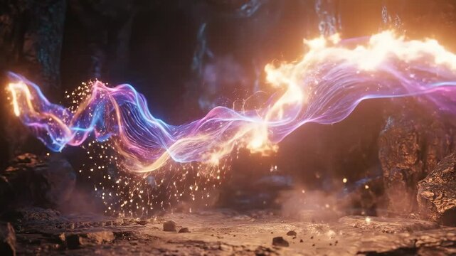 Mystical energy wave flows through a dark, rocky cavern with glowing particles