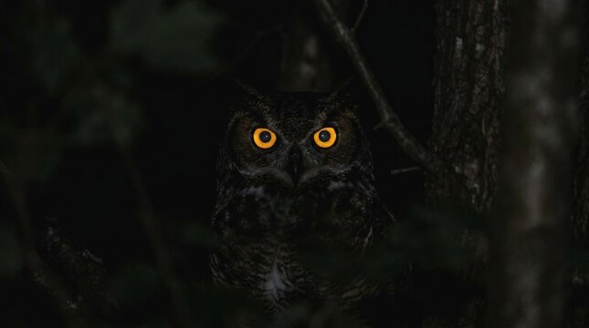 A striking and mysterious low-light photograph of a Great Horned Owl, capturing its powerful, glowing yellow-orange eyes as they stare intently and directly from deep