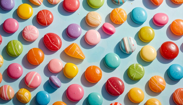 Colorful assortment of candy drops on blue background overhead view