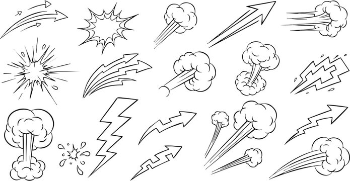 Vibrant Colored Vector Anime and Manga Action Effects Set: Speed Lines, Fiery Smoke, Water Splash, Lightning, Projectile Trail, and Cosmic Swirl with Glowing Particles