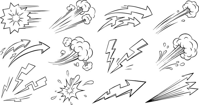 Vibrant Colored Vector Anime and Manga Action Effects Set: Speed Lines, Fiery Smoke, Water Splash, Lightning, Projectile Trail, and Cosmic Swirl with Glowing Particles