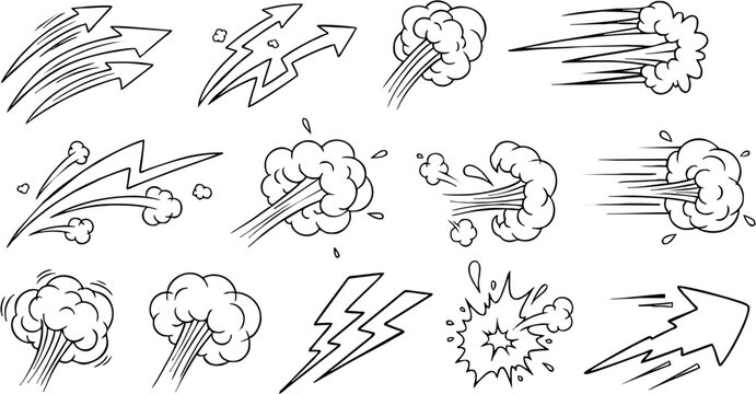 Vibrant Colored Vector Anime and Manga Action Effects Set: Speed Lines, Fiery Smoke, Water Splash, Lightning, Projectile Trail, and Cosmic Swirl with Glowing Particles
