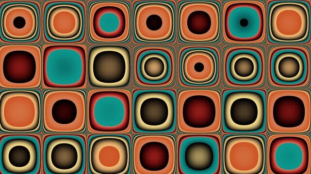 Animated Geometric pattern or background loop. Trendy retro 1970s geometric background with colorful transition circles in vintage colors - teal