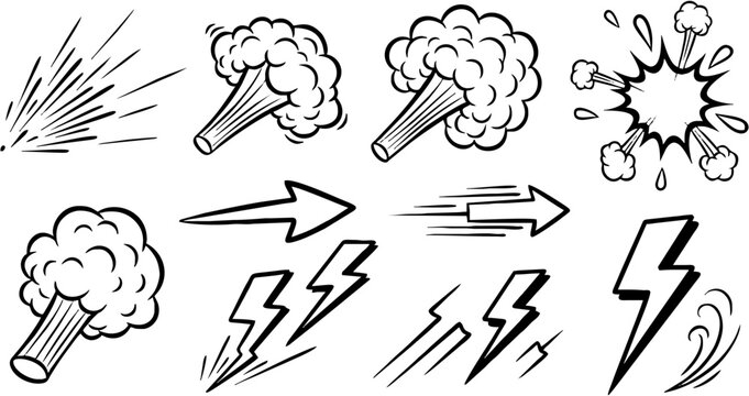 Vibrant Colored Vector Anime and Manga Action Effects Set: Speed Lines, Fiery Smoke, Water Splash, Lightning, Projectile Trail, and Cosmic Swirl with Glowing Particles