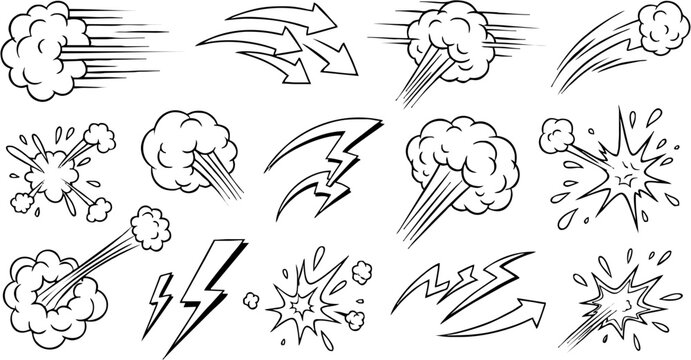 Vibrant Colored Vector Anime and Manga Action Effects Set: Speed Lines, Fiery Smoke, Water Splash, Lightning, Projectile Trail, and Cosmic Swirl with Glowing Particles