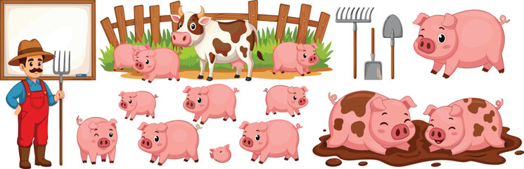 Farm animals and pig characters collection with farmer, cow, piglets and agriculture tools cartoon vector illustration set © Momota