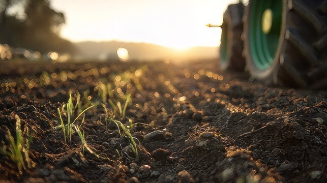 Tractor in the field, tillage tractor soil. Tractor tire positioned on freshly tilled soil, with young crops sprouting in the foreground during sunrise.&nbsp;