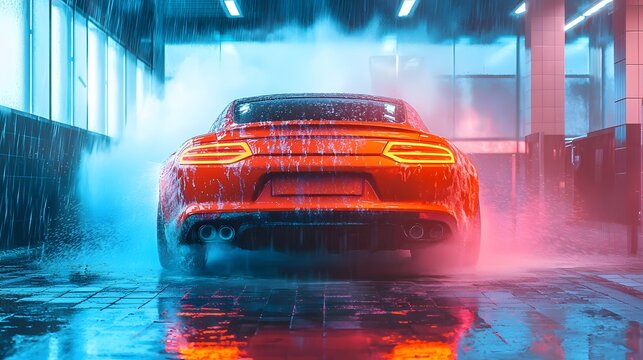 Sports sedan washing under colorful lights and spray wallpaper