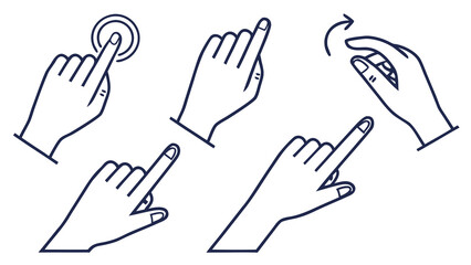 Obraz premium A vector graphic illustration of five hands performing various touchscreen gestures on a white background