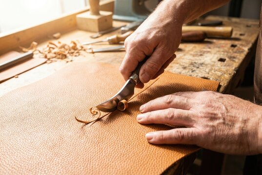 Hand using a sharp metal skiving tool to trim the edge of a thick piece of brown leather